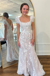 Handmade Wedding Dress Ivory Delicate Appliques Square Neck Puff Sleeves Long Evening Dress