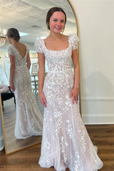 Handmade Wedding Dress Ivory Delicate Appliques Square Neck Puff Sleeves Long Evening Dress