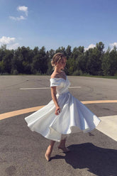 Handmade Wedding Dress Ivory Off the Shoulder Satin Tea Length Evening Dress