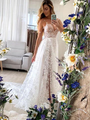 Handmade Wedding Dress Ivory Sweetheart Neck Tulle Lace Long Evening Dress