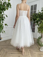 Handmade Wedding Dress Ivory Sweetheart Neck Tulle Tea Length Evening Gown Evening Dress