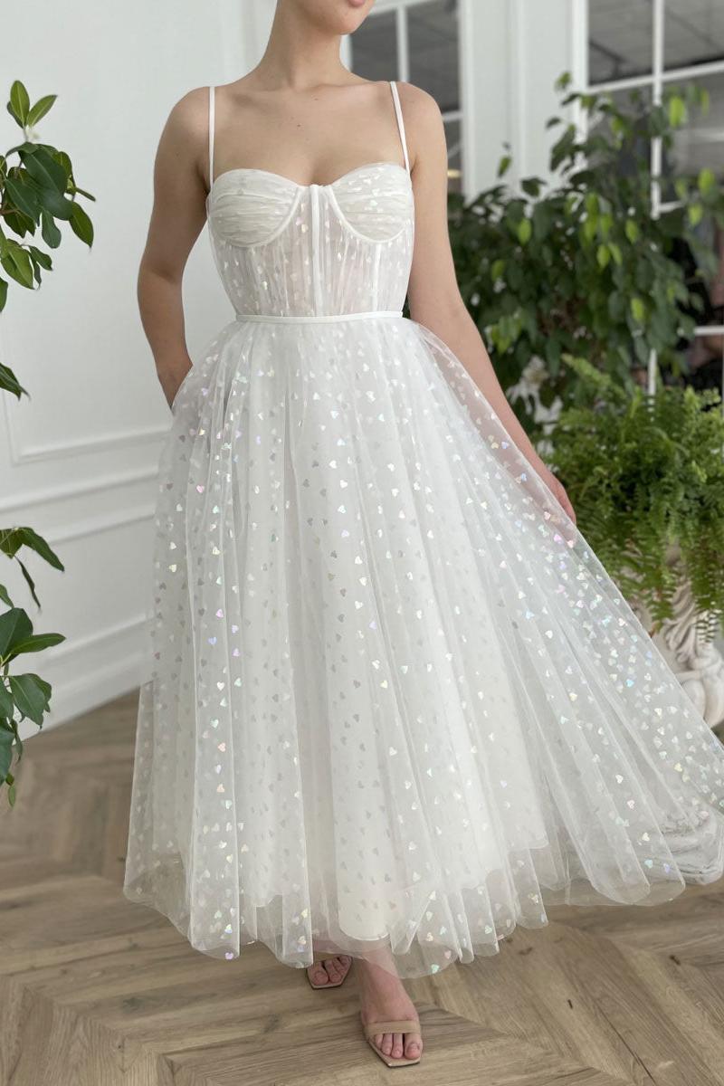 Handmade Wedding Dress Ivory Sweetheart Neck Tulle Tea Length Evening Gown Evening Dress