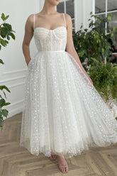 Handmade Wedding Dress Ivory Sweetheart Neck Tulle Tea Length Evening Gown Evening Dress