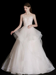 Handmade Wedding Dress Ivory Tulle Beaded Long Formal Dress Evening Dress