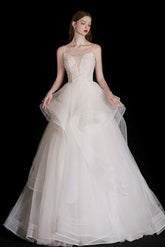Handmade Wedding Dress Ivory Tulle Beaded Long Formal Dress Evening Dress