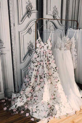 Handmade Wedding Dress Ivory V Neck 3D Appliques Long Bridal Gown