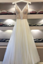 Handmade Wedding Dress Ivory V Neck Beaded Tulle Long Evening Dress