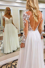 Handmade Wedding Dress Ivory V Neck Chiffon Lace Long Formal Dress Evening Dress