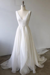 Handmade Wedding Dress Ivory V Neck Chiffon Long Evening Dress