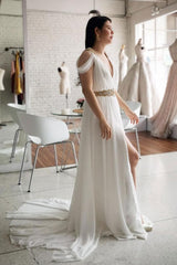 Handmade Wedding Dress Ivory V Neck Chiffon Long Evening Gown Evening Dress