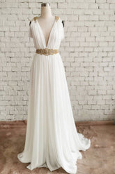 Handmade Wedding Dress Ivory V Neck Chiffon Long Evening Gown Evening Dress