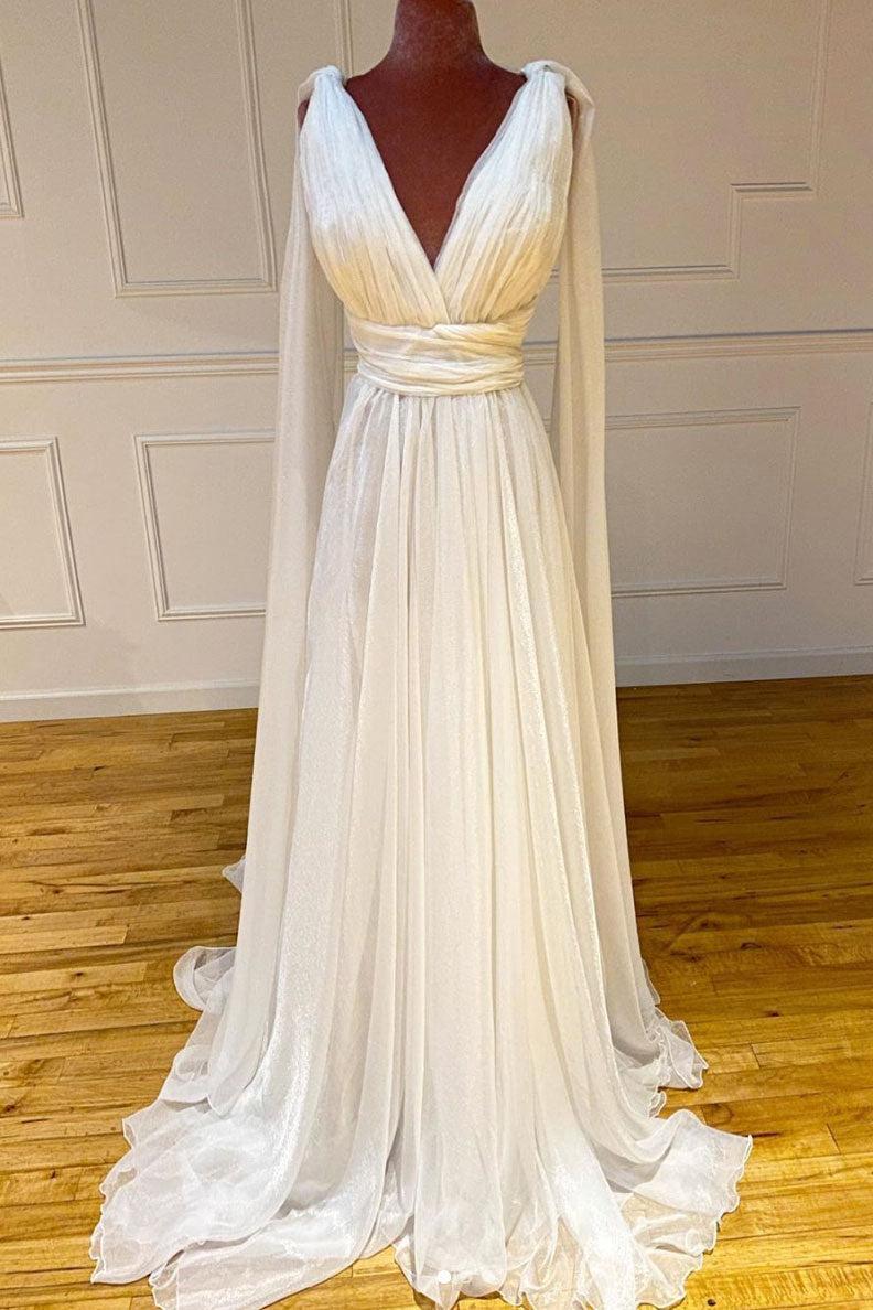 Handmade Wedding Dress Ivory V Neck Chiffon Long Formal Dress Evening Dress