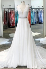 Handmade Wedding Dress Ivory V Neck Chiffon Long Lace Evening Dress