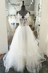 Handmade Wedding Dress Ivory V Neck Lace Tulle Long Evening Dress