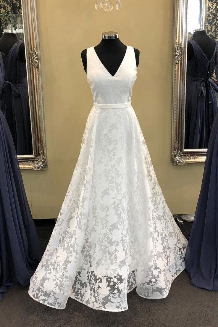 Handmade Wedding Dress Ivory V Neck Satin Lace Long Evening Gown Evening Dress
