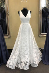 Handmade Wedding Dress Ivory V Neck Satin Lace Long Evening Gown Evening Dress