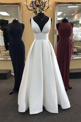 Handmade Wedding Dress Ivory V Neck Satin Long Evening Dress