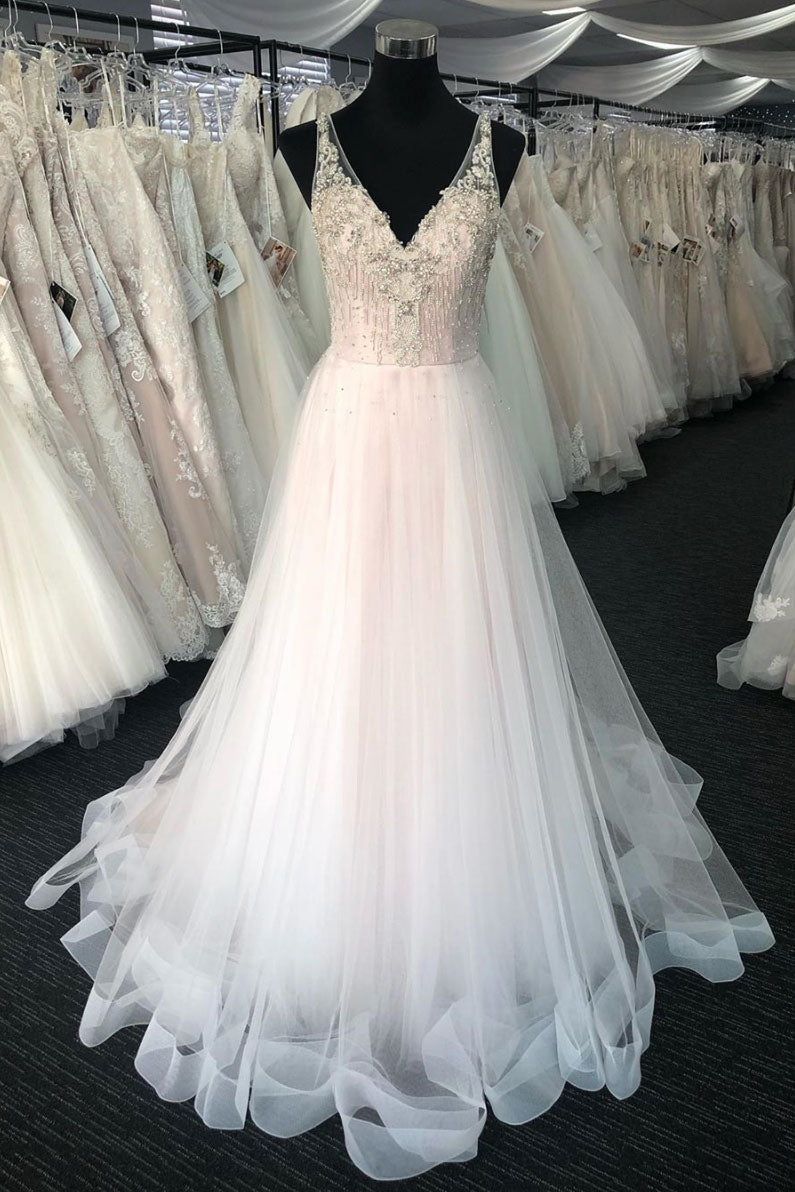 Handmade Wedding Dress Ivory V Neck Tulle Beaded Long Evening Dress
