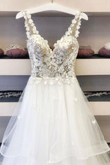 Handmade Wedding Dress Ivory V Neck Tulle Lace Long Evening Dress