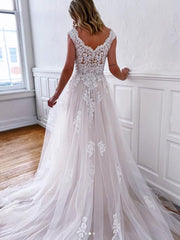 Handmade Wedding Dress Ivory V Neck Tulle Lace Long Evening Dress