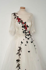 Handmade Wedding Dress Ivory V Neck Tulle Lace Long Evening Dress