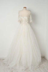 Handmade Wedding Dress Ivory V Neck Tulle Lace Long Evening Dress