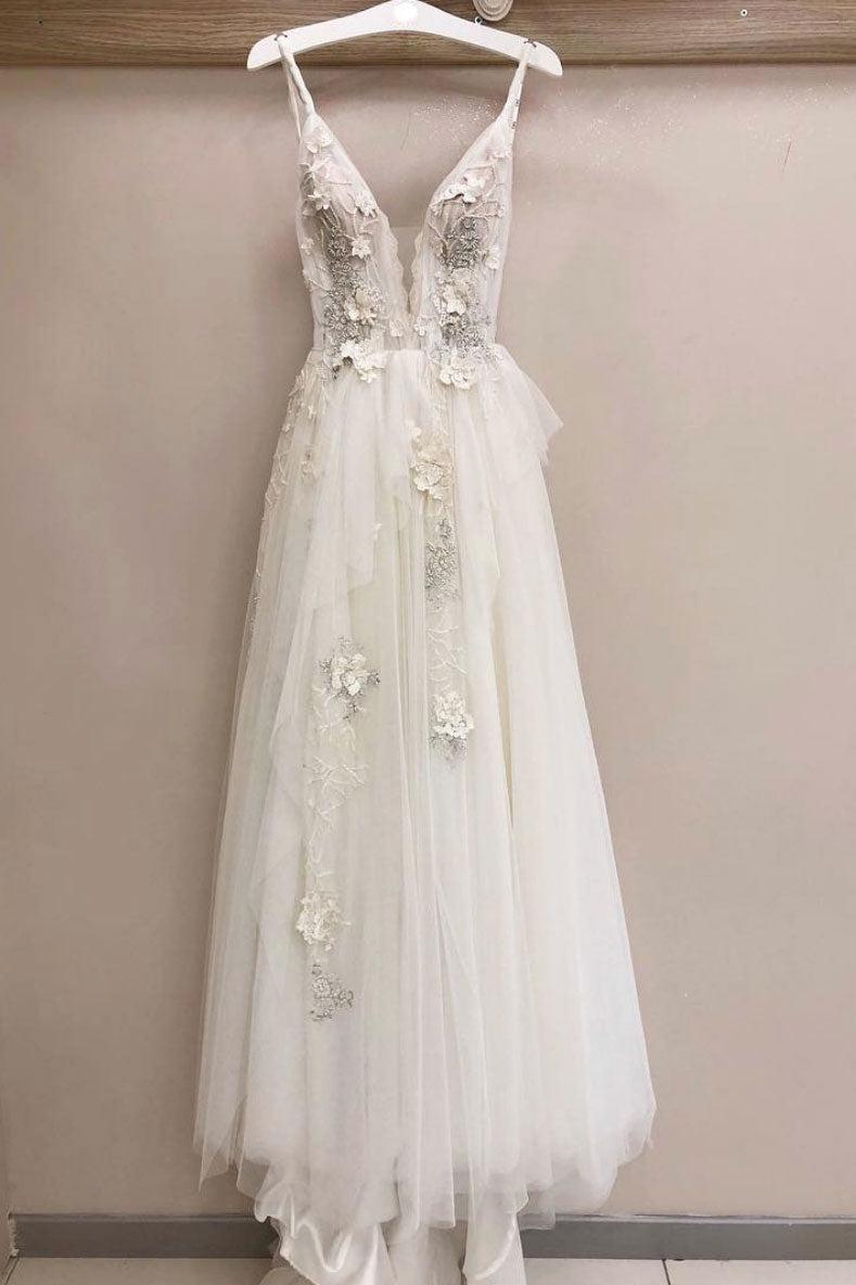 Handmade Wedding Dress Ivory V Neck Tulle Lace Long Evening Dress