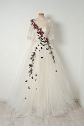 Handmade Wedding Dress Ivory V Neck Tulle Lace Long Evening Dress