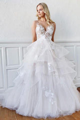 Handmade Wedding Dress Ivory V Neck Tulle Lace Long Evening Dress