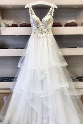 Handmade Wedding Dress Ivory V Neck Tulle Lace Long Evening Dress