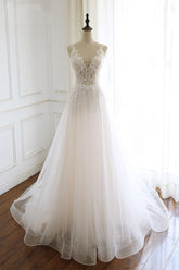 Handmade Wedding Dress Ivory V Neck Tulle Lace Long Evening Dress