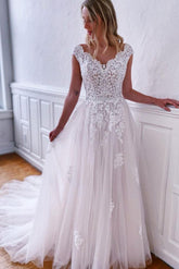 Handmade Wedding Dress Ivory V Neck Tulle Lace Long Evening Dress