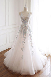 Handmade Wedding Dress Ivory V Neck Tulle Lace Long Evening Gown Evening Dress