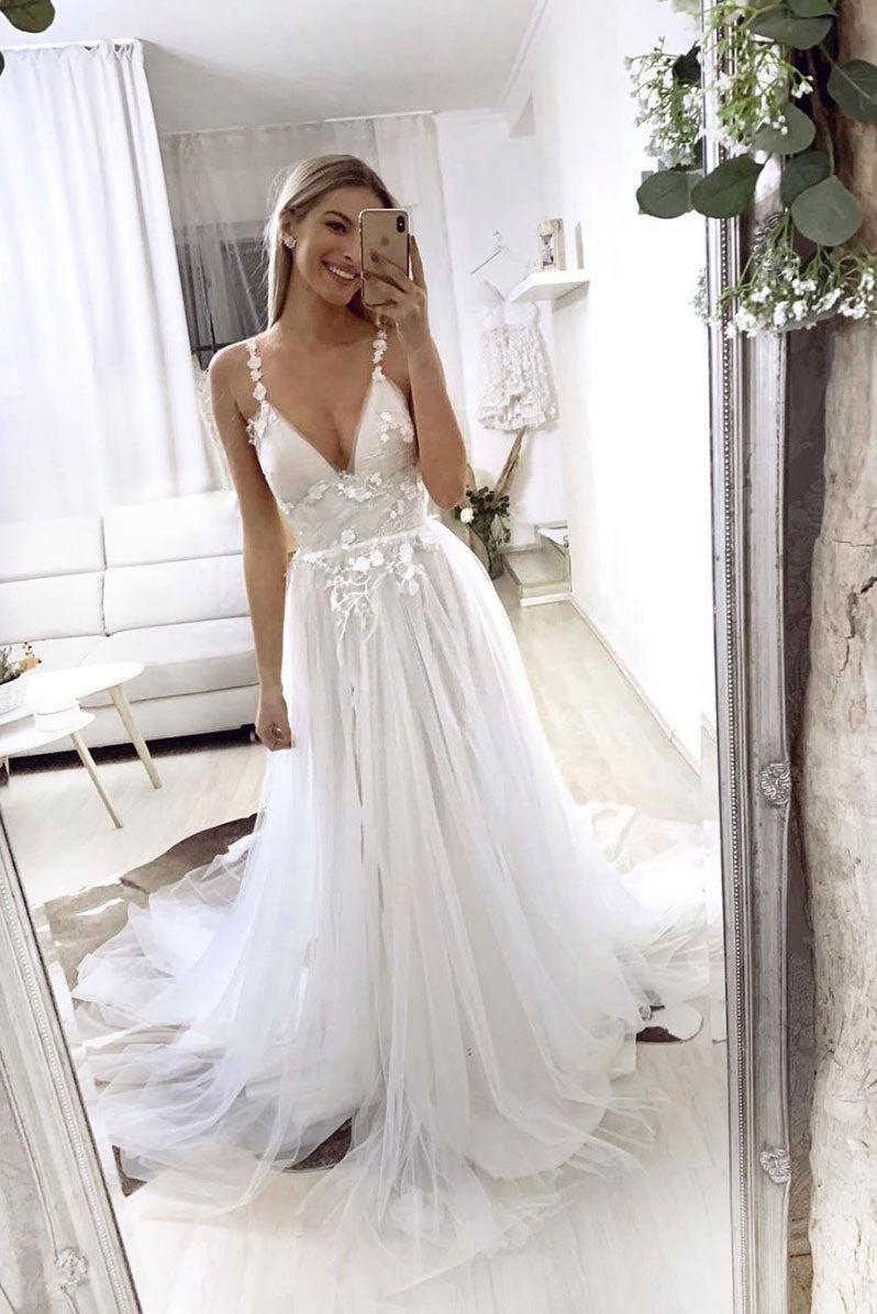 Handmade Wedding Dress Ivory V Neck Tulle Lace Long Formal Dress Evening Dress