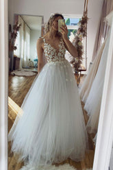 Handmade Wedding Dress Ivory V Neck Tulle Lace Long Formal Dress Evening Dress