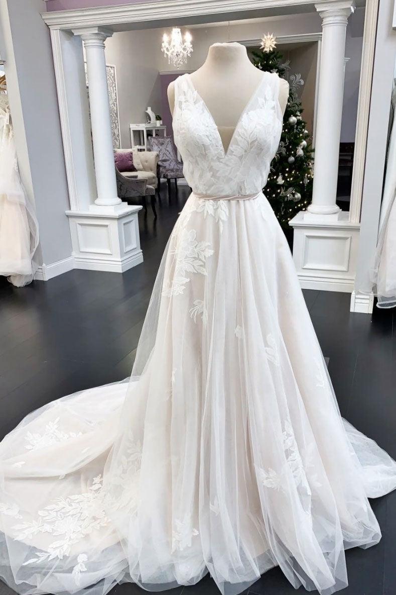 Handmade Wedding Dress Ivory V Neck Tulle Lace Long Formal Dress Evening Dress