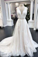 Handmade Wedding Dress Ivory V Neck Tulle Lace Long Formal Dress Evening Dress