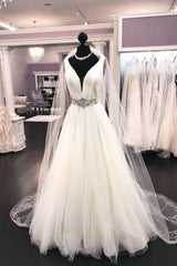 Handmade Wedding Dress Ivory V Neck Tulle Long Evening Dress