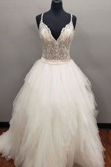 Handmade Wedding Dress Ivory V Neck Tulle Long Evening Gown Evening Dress