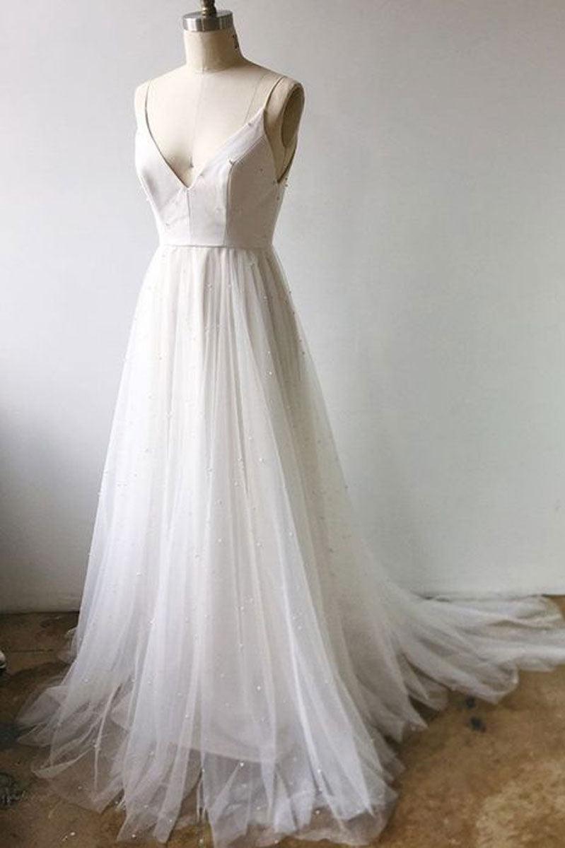 Handmade Wedding Dress Ivory V Neck Tulle Long Formal Dress Evening Dress