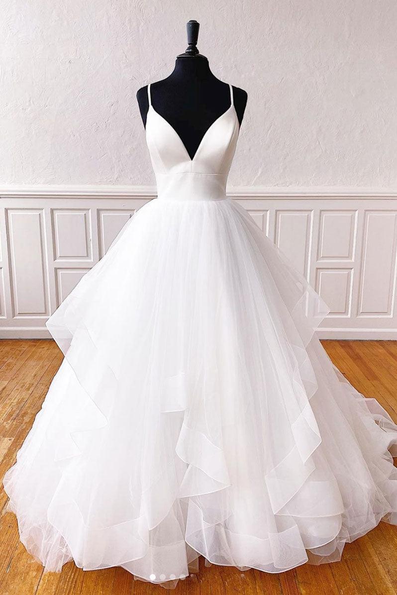 Handmade Wedding Dress Ivory V Neck Tulle Long Formal Dress Evening Dress