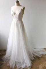 Handmade Wedding Dress Ivory V Neck Tulle Long Formal Dress Evening Dress