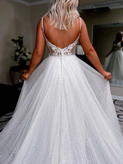 Handmade Wedding Dress Ivory V Neck Tulle Sequin Long Formal Dress Evening Dress