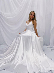 Handmade Wedding Dress Simple Ivory V Neck Satin Long A Line Evening Dress