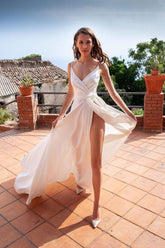 Handmade Wedding Dress Simple Ivory V Neck Satin Long Formal Dress Evening Dress