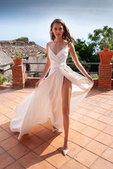 Handmade Wedding Dress Simple Ivory V Neck Satin Long Formal Dress Evening Dress