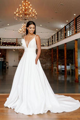 Handmade Wedding Dress Simple Ivory V Neck Satin Long Lace Evening Dress