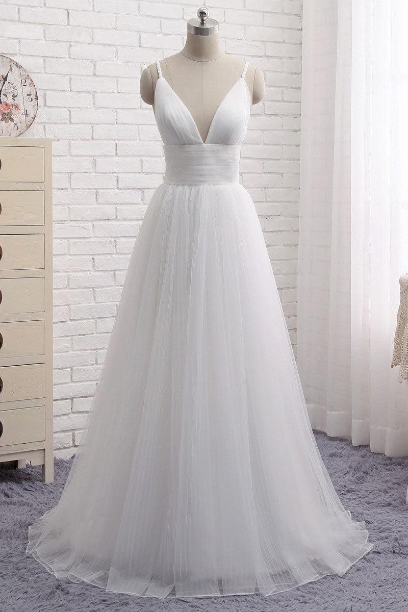 Handmade Wedding Dress Simple Ivory V Neck Tulle Long Evening Dress