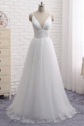 Handmade Wedding Dress Simple Ivory V Neck Tulle Long Evening Dress