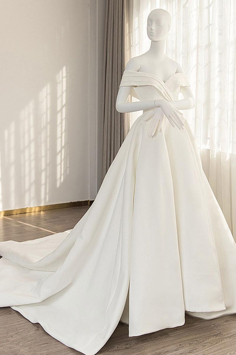 Handmade Wedding Dress Simple Sweetheart Neck Off the Shoulder Long Ivory Evening Dress